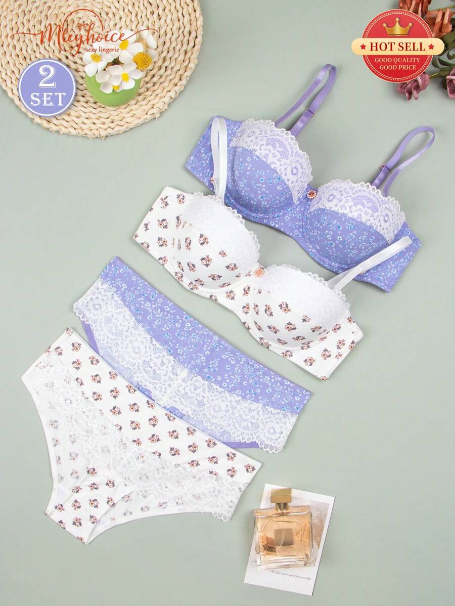 MLeyhoice 2 件套女士数码印花拼色钢圈棉质罩杯内衣文胸和内裤套装（含内裤），可爱 - 彩色 - 查看 1