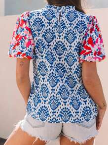 Damskie letnie bluzki Boho Lekki kwiatowy nadruk Bufiaste rękawy Bluzka z falbaną przy szyi Top Czeski wiosenny strój wakacyjny - Niebieski - Zobacz 2