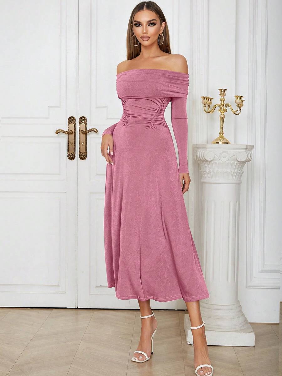 极简性感露肩褶饰长袖修身连衣裙 - 淺粉色 - 查看 1