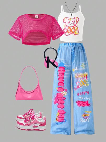 3pcs/Set Girls' Summer Outdoor Casual Sports Workout Running Streetwear Hollow Short Sleeve Cropped T-Shirt, Cartoon Bear Camisole, Denim-Like Graffiti Letter Print Pants, Comfortable Breathable Outfit For Teenagers And Tweens