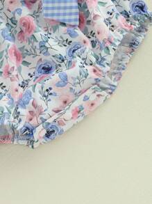 Baby Girls Romper Fly Sleeve Flower Print Embroidery Letters Bow Infant Bodysuit Summer Clothes - Màu xanh lam - Xem 6