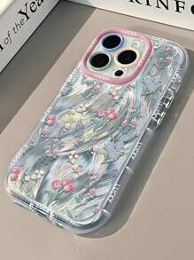 1 个郁金香花朵与幸运英文薄纱图案手机壳，1.5 毫米 IMD 硬壳三合一全覆盖气囊防摔精准孔相机环电镀独立按钮兼容 iPhone 16 Pro Max/15 Plus/14/13/12/11