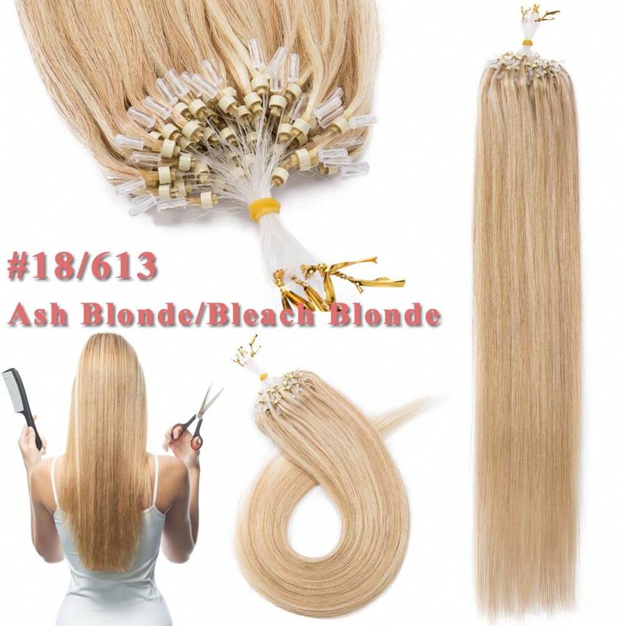 100 Strands Micro Loop Hair Extensions 16-22inch Straight Micro Link Real Human Hair Hair Extensions Invisible Micro Beads Micro Ring Hair Extensions Full Head Highlight - 彩色 - 查看 1