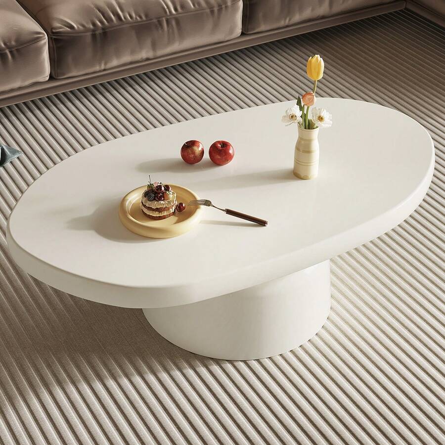 Oval Coffee Table, Modern Center Table, Creamy White Tea Table For Living Room, Bedroom, Easy Assembly