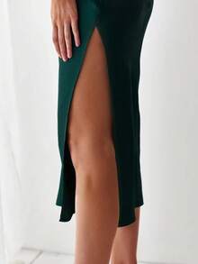 Pigiama di raso da donna, lingerie sexy, pigiama con sottili spalline, colletto a strati, elegante laccio lungo, vestito di raso a lunghezza media