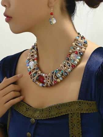 1pc Luxury Bohemian Style Necklace Set With Imitation Crystal Wave Beads & Coffee Color Aluminum Chain, Suitable For Women Wedding, Party, Beach, Holiday