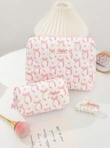 1 Piece Bow&Love Makeup Bag Fashionable Floral Makeup Organizer Set For Home Decor Quilted Rose Design Cosmetic Bag For University Student ,Girl Teenagers,White Collar,Pink Pouch Bag With Bow Zipper Travelling Stuff Storage Bag For Holiday - Multicolor - View 11