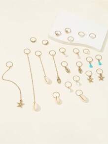 24pcs Fashion Simple Starfish & Shell Golden Braided Hair Clips & Rings Set, Suitable For Women Daily Wear, Holiday Gift - Multicolor - View 2