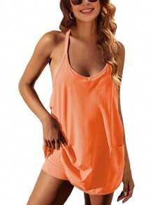 Women Athletic Mini Dresses Built-In Shorts Set Summer Sleeveless Sundress Hot Shot Mini Dress - 橘色 - 查看 1
