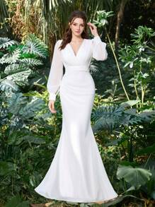 Elasola 白色长袖新娘礼服，采用涤纶雪纺面料，鱼尾廓形，适合婚礼派对、植物园活动和自然主题婚礼的宾客穿着，优雅小白裙 - 白色 - 查看 4