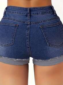 Pantalones Cortos de Mezclilla Desgastados y Elegantes para Mujer - Cintura Alta, Detalles Rasgados, Mezcla de Rayón No Elástico, Perfectos para Primavera/Verano - Azul - Ver 3