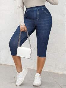 Quần legging định hình cơ thể co giãn cao cấp dành cho nữ cỡ lớn, họa tiết giả denim với thiết kế túi giả, quần lửng thể thao thoải mái thường ngày. - Màu xanh hải quân - Xem 4