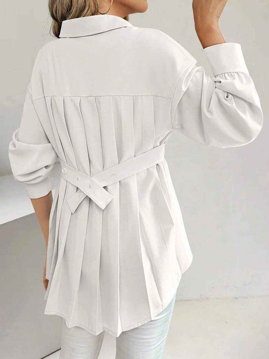 女士后背褶腰休闲长袖衬衫，畅销商品