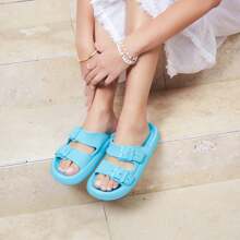 Slide Sandals With Double Buckle Straps And Chunky Sole For Casual Wear - Blue-green - View 2