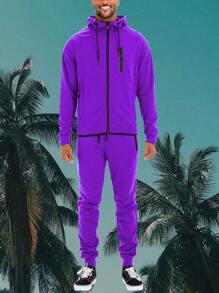 Men Tech Suit Zip Up Track Jacket Hooded Jogger Two PIece Co-Ord Set - 紫色 - 查看 2