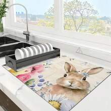 1pc Easter Element Multi-Color Flowers, Cute Rabbit Print Kitchen Countertop With Absorbent Dishwashing Mat, Dishwashing Mat, Kitchen Small Tools, Easy To Clean And Versatile