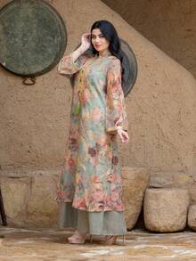 Women's Notched Collar Floral Print, Random Print, 2 In 1, Casual Long Sleeve Arabic Style Dress, Multi-Color, Modest Kaftan