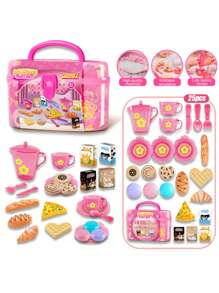 儿童女孩下午茶甜品食物玩具套装逼真甜品餐具玩具套装厨房炊具茶具玩具带随机配件 - 彩色 - 查看 9
