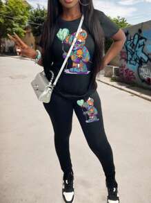 Cute Cartoon Bear Print Casual Loose Sweatshirt And Sweatpants Set - Black - View 5