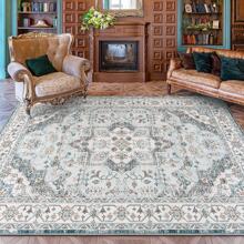 Homore Vintage Area Rugs For Living Room, Floral Medallion Washable Rug For Bedroom, Faux Wool Ultra Soft Retro Accent Rug, Non Slip Indoor Carpet For Kitchen Office Dining Room Decor - 藍色 - 查看 7
