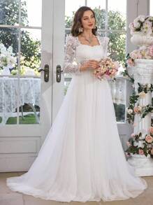 UNITHORSE Sweetheart Collar Long Sleeve Pearl Embroidery Lace Mesh White Wedding Dress Gown,Bride, All White Party Outfit Women - White - View 1