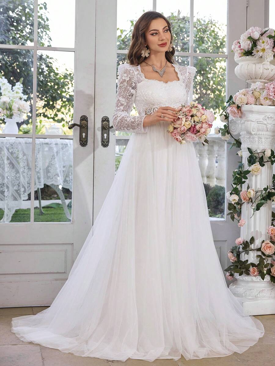 UNITHORSE Sweetheart Collar Long Sleeve Pearl Embroidery Lace Mesh White Wedding Dress Gown,Bride, All White Party Outfit Women - White - View 1