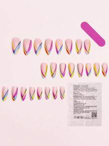 24 Móng tay giả sọc đen bóng nhiều màu dài vừa phải, Miếng dán móng nghệ thuật hình giọt nước kiểu Pháp nhiều màu tương phản, Miếng dán móng thanh lịch, Phụ kiện làm móng - Nhiều màu - Xem 3