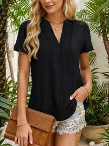 SANOPY Womens Blouses,Blouses For Women Dressy Casual,Womens Dressy Casual Blouses Short Sleeve V Neck Business Tops Ladies Summer Office Work Shirts - 黑色 - 查看 6