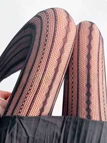 1 Pair Retro Striped Thigh Highs, Feminine Romantic Sheer Tights, Sexy & Slimming - Black - View 4