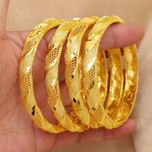 1pc Retro Style 24K Gold Plated Copper Open Bangle Bracelet, Luxury Arabian Bride Wedding Jewelry