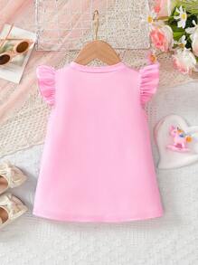 Baby Girl Unicorn Print Patchwork Denim Effect Sleeveless Round Neck A-Line Dress - Pink - View 2