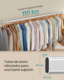 SONGMICS Burro Ropa con Ruedas, Perchero Burro Extensible con Carga Pesada, Capacidad de Carga de 110 kg, 45 x (160-200) x 162,9 cm, Fácil de Montar, Portátil, Negro Mate/Plata - Plateado - Ver 2