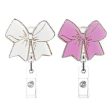 1pc Pink White Bow Retractable Badge Reel - Cute Alligator Clip ID Holder For Nurses, Teachers & Office Staff - Multicolor - View 2