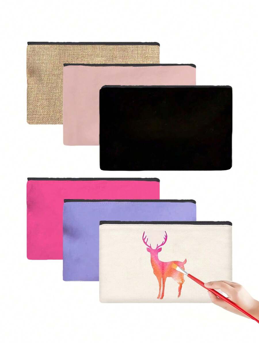 6个空白DIY帆布拉链收纳袋 - 彩色化妆包/铅笔盒，适合收纳小型化妆品、DIY工艺品、洗漱用品、文具、数据线等，多功能帆布袋，适用于家庭、学校和旅行，可涂鸦和手绘DIY - 彩色 - 查看 1