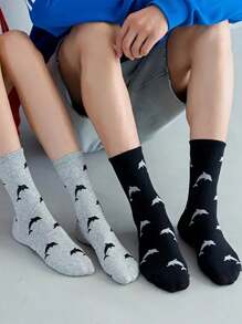 2/3 双装女士纯色海豚图案时尚简约街头运动中筒袜
