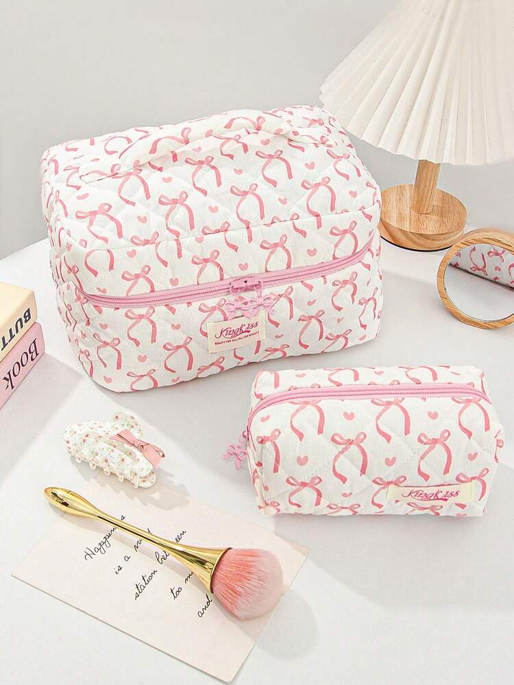 1 Piece Bow&Love Makeup Bag Fashionable Floral Makeup Organizer Set For Home Decor Quilted Rose Design Cosmetic Bag For University Student ,Girl Teenagers,White Collar,Pink Pouch Bag With Bow Zipper Travelling Stuff Storage Bag For Holiday - Multicolor - View 3