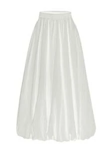 女士泡泡裙，松紧腰带，带口袋，纯色A字长裙，白色，春季款 - 白色 - 查看 4