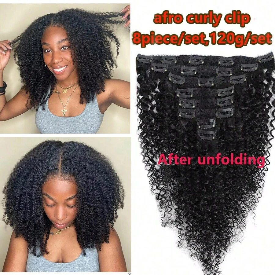BINF Afro Kinky Curly Clip In Hair Extensions Brazilian Virgin Human Hair 120gt Brazilian Natural Color Virgin Hair Natural Color - Natural Black - 查看 1