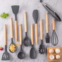 12 piezas Juego de utensilios de cocina de silicona - Resistentes al calor hasta 230°C, espátula, pinzas, cuchara, cepillo, batidor, utensilios con mango de madera color gris con soporte para utensilios de cocina antiadherentes, saludable