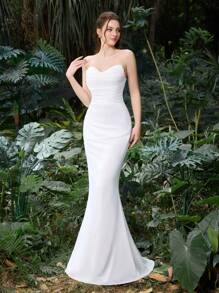 Elegant Polyester Chiffon Bridal Gown With Fish-Tail Silhouette | Guest Dress For Wedding Showers, Garden Parties, And Everyday Formal Wear - White - View 4