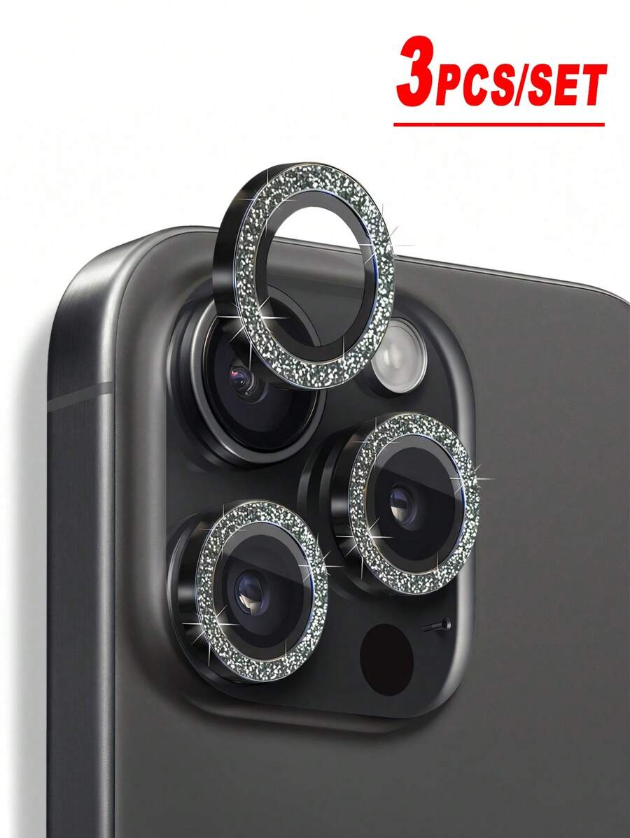 3 件/套闪光黑色金属环相机镜头保护膜，碎水钻，鹰眼镜头膜，闪亮，闪光粉，后置摄像头镜头圆形相机膜，兼容 16 Pro Max/16 Pro/16 Plus/16/15/14/13 Mini/12/11 生日礼物，家人，朋友闪亮水晶，镜头保护膜，手机配件
