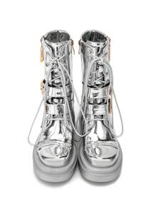 Women's Metallic Mid Calf Boots Platform Chunky Heel Silver Combat Boots Lace Up Metal Buckle Zipper - 銀色 - 查看 3