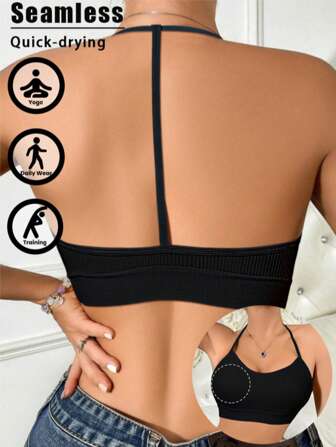 1pc Breathable Elastic Seamless Racerback Wirefree Sports Bra, Removable Pads