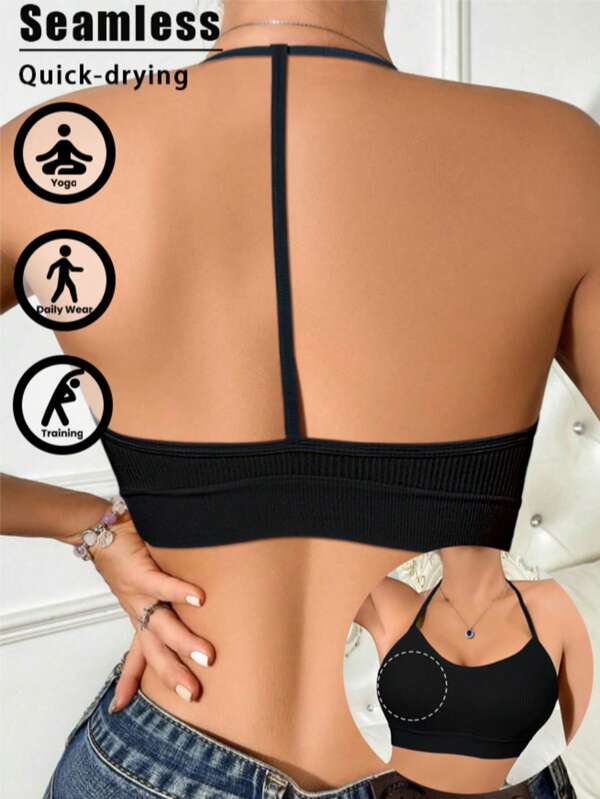 1 Stück atmungsaktiver, elastischer, nahtloser Racerback BH ohne Bügel für den Sport, abnehmbares Polster
