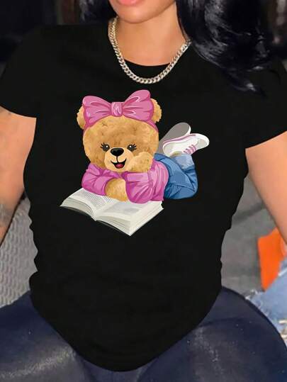 Teddy Bear Print With Bow Plus Size  Printed T-Shirt, Women's Short-Sleeve Casual Outdoor Sports, Daily Wear, Holiday Gift