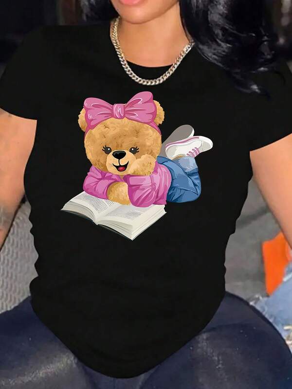 Teddy Bear Print With Bow Plus Size T-Shirt, Large Size Women's Printed Short Sleeve T-Shirt, Casual Women's Outdoor Large Size Short Sleeve, Retro Street Women's Round Neck Large Size Short Sleeve, Daily Four Seasons Wear, Holiday Gifts