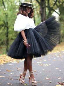 Falda plisada de malla con manga abullonada, adecuada para ocasiones formales, ropa de otoño para mujer