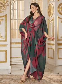 [随机裁剪] 心形领 3/4 袖 手工装饰 水晶装饰 多色雪纺 优雅晚会礼服 - 彩色 - 查看 3