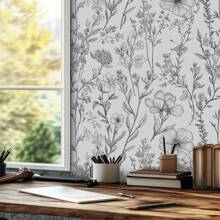 1 卷复古简约风格自粘墙纸 - 黑线花卉和植物图案，可移除乙烯基接触纸，防水，防潮，家居装饰贴纸适用于客厅、卧室、书房、餐厅墙壁、书架、橱柜、家具翻新、租客友好、多功能，尺寸 44*300/500/1000 厘米