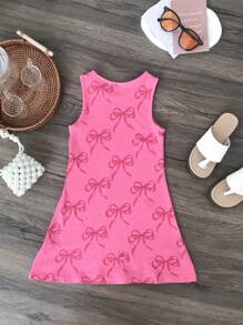 Seven Princess Young Girls Pink Bowknot 3D Digital Print Sleeveless Crew Neck Casual Dress, Suitable For Party, Beach, Sports, Outdoor Wear In Summer - Hot Pink - View 7
